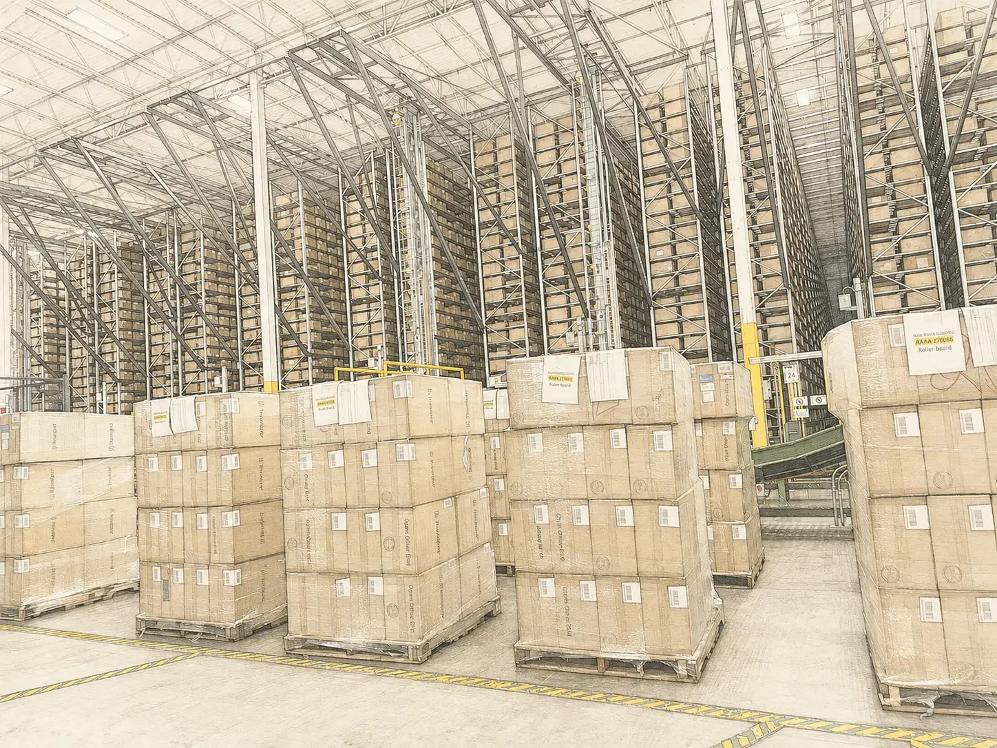 Palletized inventory staged in a distribution warehouse