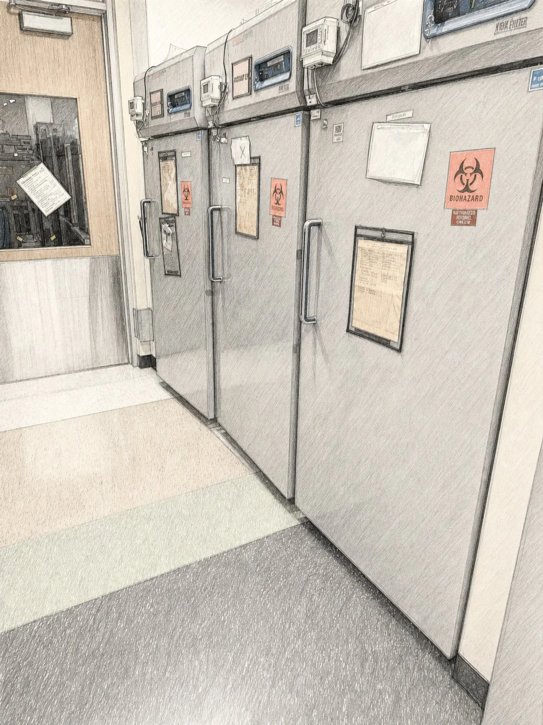 Controlled-access cold storage corridor in a medical facility